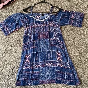 Blue and Pink Patterned Loose Short Dress
